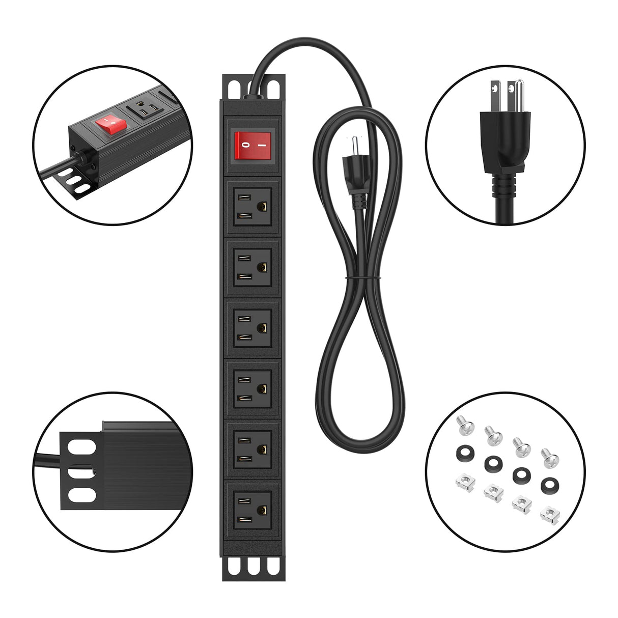 BTU 6 Outlet Power Strip, Metal Mountable Power Strip Surge Protector, Heavy Duty Wall Mount Power Outlet for Commercial, Industrial, Workshop, 6FT Power Cord, 15A/125V 1875W (Black 6FT) BTU