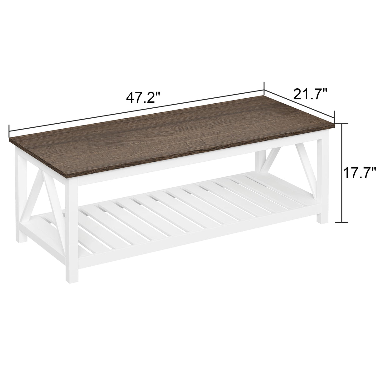 ChooChoo Farmhouse Coffee Table, Rustic Vintage Living Room Table with Shelf, 47 White ChooChoo