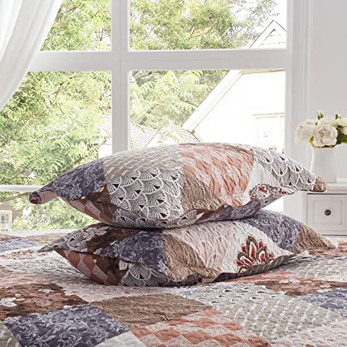 LEAONME 2 Pieces Twin Size Quilt Set Lightweight Brown Floral Bedspread 68x86 Inch Soft Patchwork Coverlet Warm Microfiber Bed Cover for All Seasons (1 Quilt,1 Pillow Sham) LEAONME
