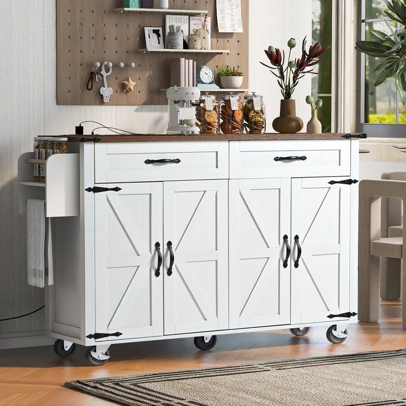 53.5''Farmhouse Kitchen Island with Power Outlet, Kitchen Storage Island with Drop Leaf, Spice Rack and Drawer, Rolling Kitchen Cart on Wheels, for Home, Kitchen and Dining Room HomeGearTech