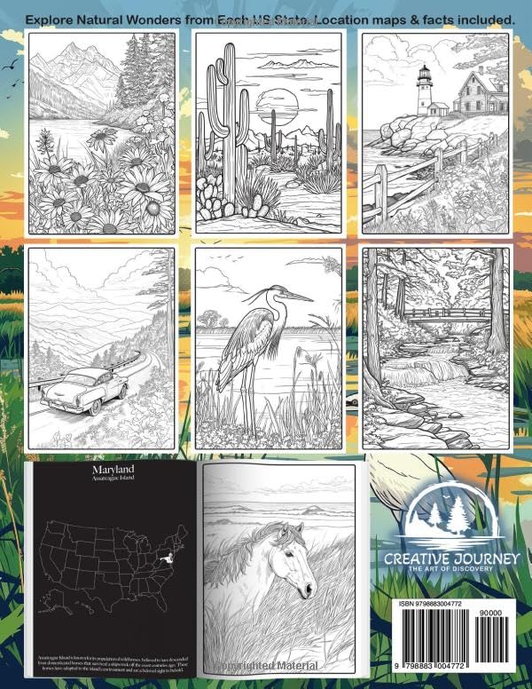 Nature Coloring Book for Adults: Relaxing Landscapes and Beautiful Scenes with Animals across 50 US States for Mindful Stress Relief. (Creative Journey) WoodArtSupply