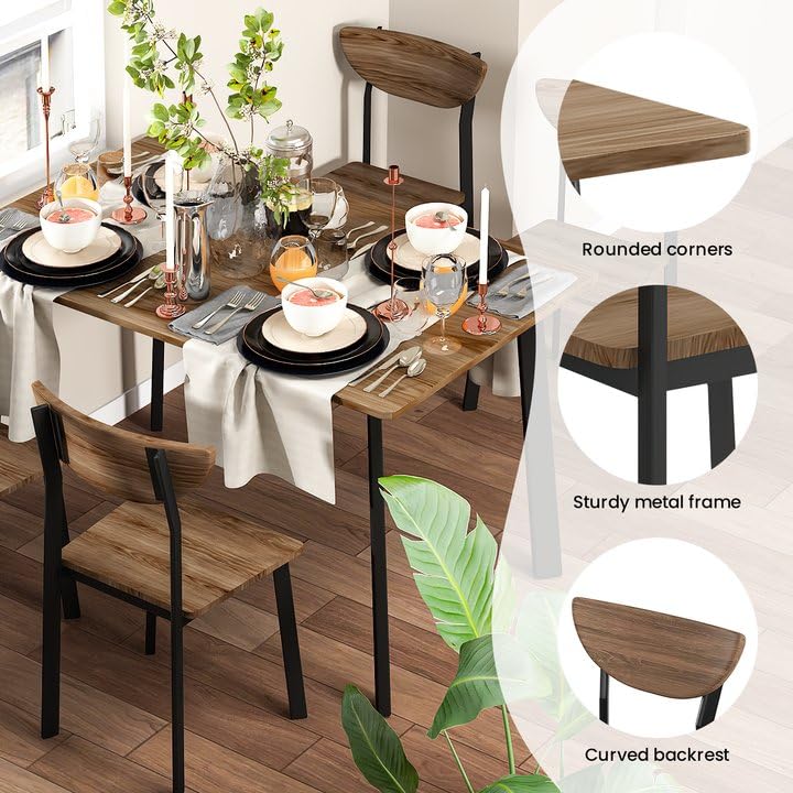 Lamerge Kitchen Dining Table Set for 4, Modern Rectangular 5 Piece Dining Room Table and Chairs Set, Brown Wooden Metal Table Set for Family Dinner, Party, Afternoon Tea and Work (Curved Moon - WoodArtSupply