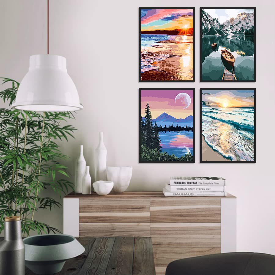 Paint By Numbers for Adults - DIY Adult Paint by Number Kits Pack On Canvas Sunset Beach Painting by Numbers for Beginners,Acrylic Paint Boat On Mountains Lake Crafts for Home Decor (11.8x15.8inch) LWZAYS