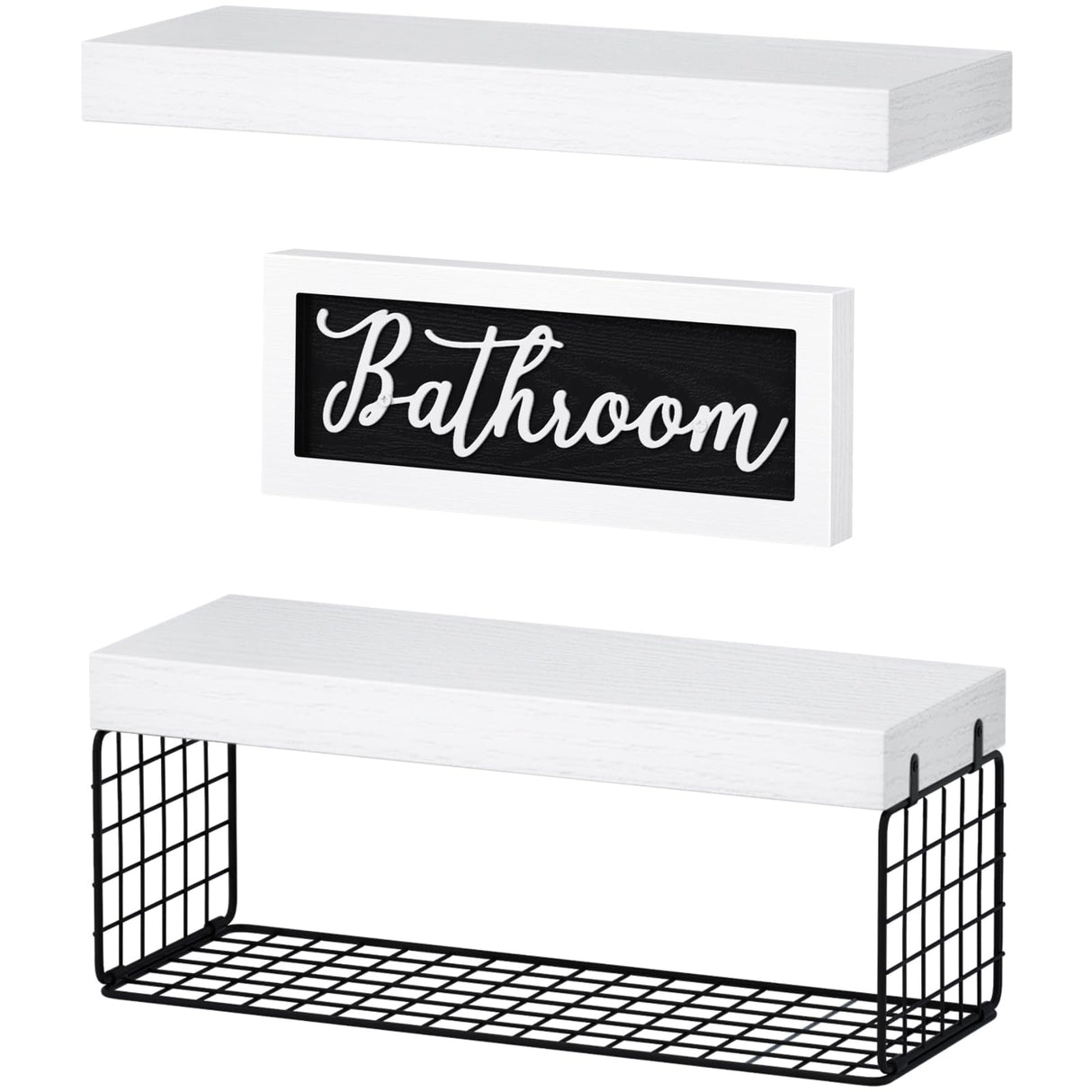 QEEIG ‎Bathroom Shelves Over Toilet - Paper Storage Wall Mounted Farmhouse Decor Decorations Aesthetic Décor Sign Small Floating Shelf 2+1 Set 16 inch, White and Black (020WB) QEEIG