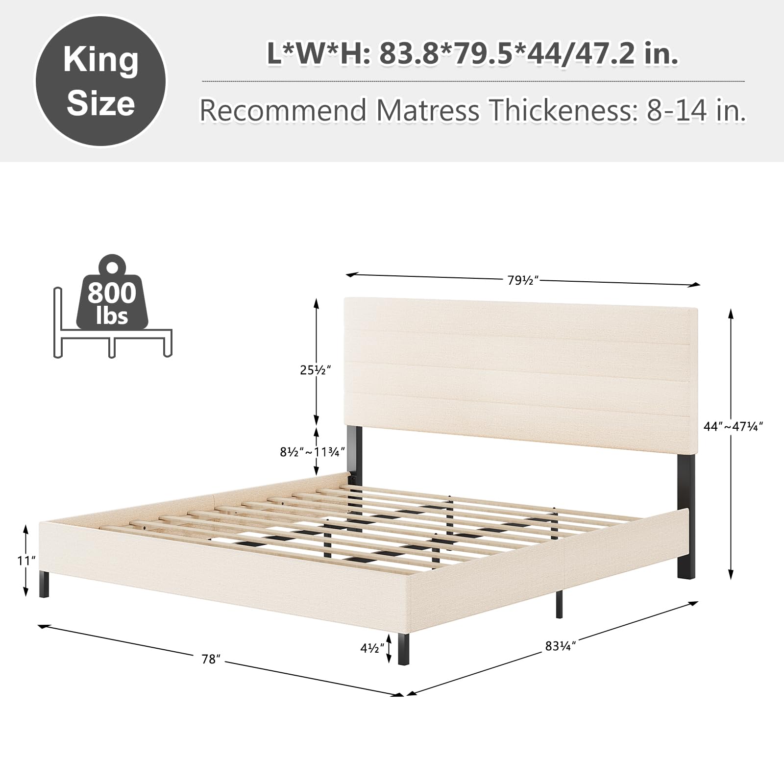 Furnihome Modern King Bed Frame with Adjustable Linen Headboard and Wooden Slats in Beige - WoodArtSupply