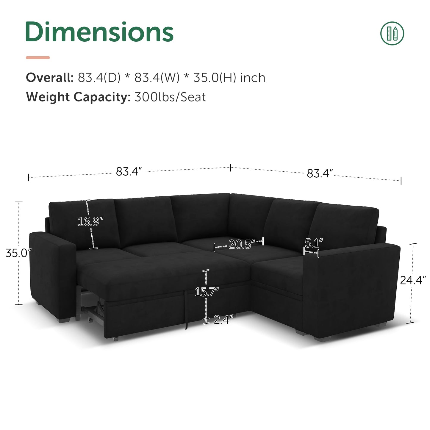 HONBAY Modular Sectional Sleeper Sofa with Pull Out Bed, Velvet L Shaped Sectional Couch with Storage Seat, Convertible Sectional Couches for Living Room, Black