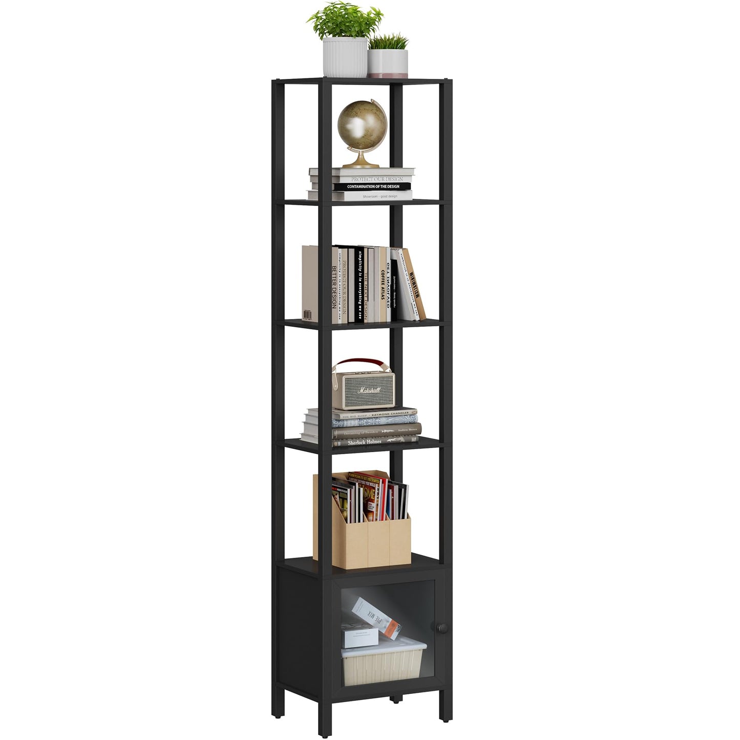 TUTOTAK 6 Tier Bookcase and Bookshelf, Narrow Book Shelf with Door for Small Space, for Living Room, Office, Study, Entryway, Black BS03BK006