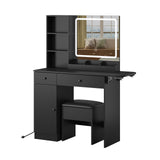 Vanity Desk Set with Mirror and LED Lights, Makeup Table with 2 Drawers & 1 Cabinet, Power Outlet, Storage Cushioned Stool, Dressing Table for Bedroom (Black) Panana