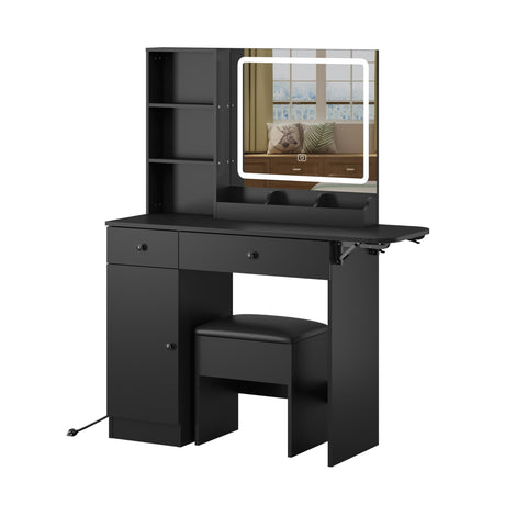Vanity Desk Set with Mirror and LED Lights, Makeup Table with 2 Drawers & 1 Cabinet, Power Outlet, Storage Cushioned Stool, Dressing Table for Bedroom (Black) Panana