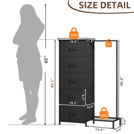 Somdot Dresser with Hanging Rack,5 Drawers Small Closet for Bedroom,Reversible Dresser with Clothes Rack,Kids Dressers for Bedroom Chest of Drawers,Tall Storage Tower,Black Somdot