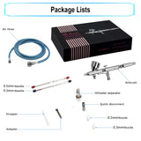 Pinkiou Airbrush Kit with Different Nozzle and Needles Muti-Purpose Dual Action Airbrush Sets with Air Brush 0.2 0.3 &0.5mm Needles and Air Hose for Hobby Model Painting Tattoo Cake Nail Art Pinkiou