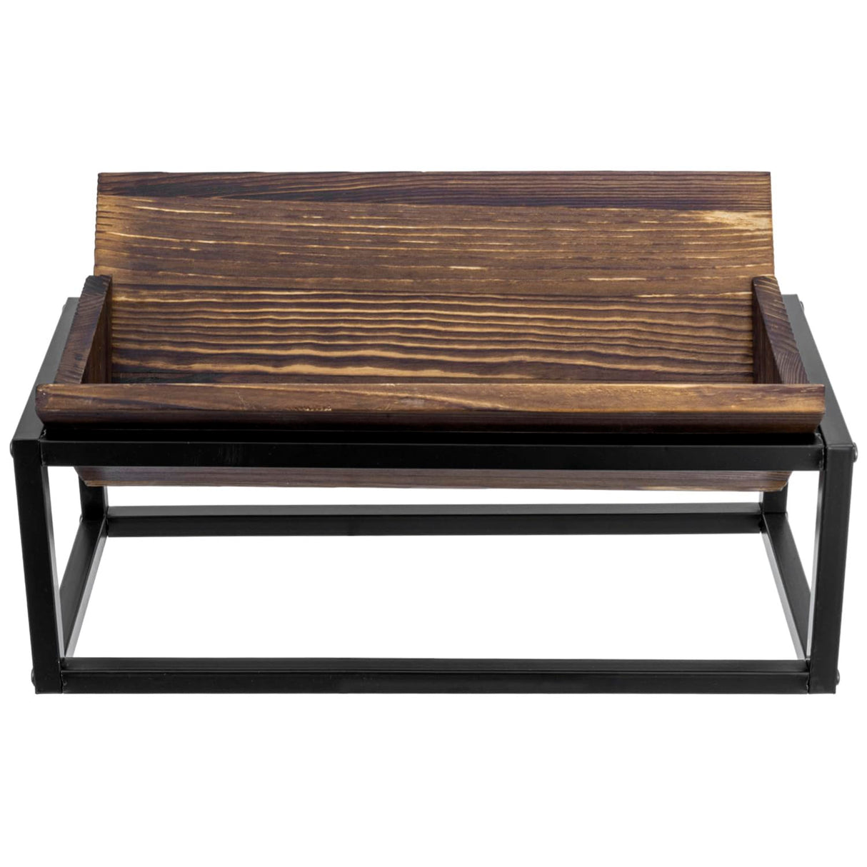 MyGift Tabletop Book Holder Rack with Industrial Black Metal Frame, Rustic Burnt Solid Wood Desktop Tilted Bookcase Reading Book Storage Organizer MyGift