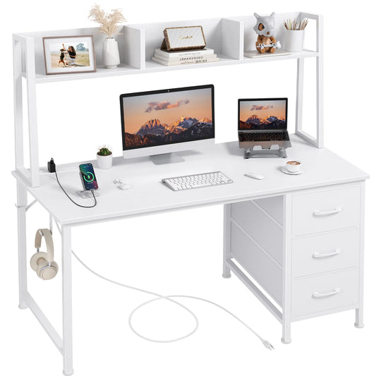 DLISITING White Computer Desk with Hutch & Drawers - Office Study Writing 47 Inch Desk with 3 Drawers Storage Power Outlets, Modern Desk for Bedroom Home Office