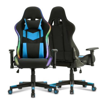 Computer Gaming Chair with LED Lights, RGB Video Gaming Chair with Comfortable Leather and High Back, Gaming Chair with Adjustable Lumbar Support for Adults and Teens（Blue）