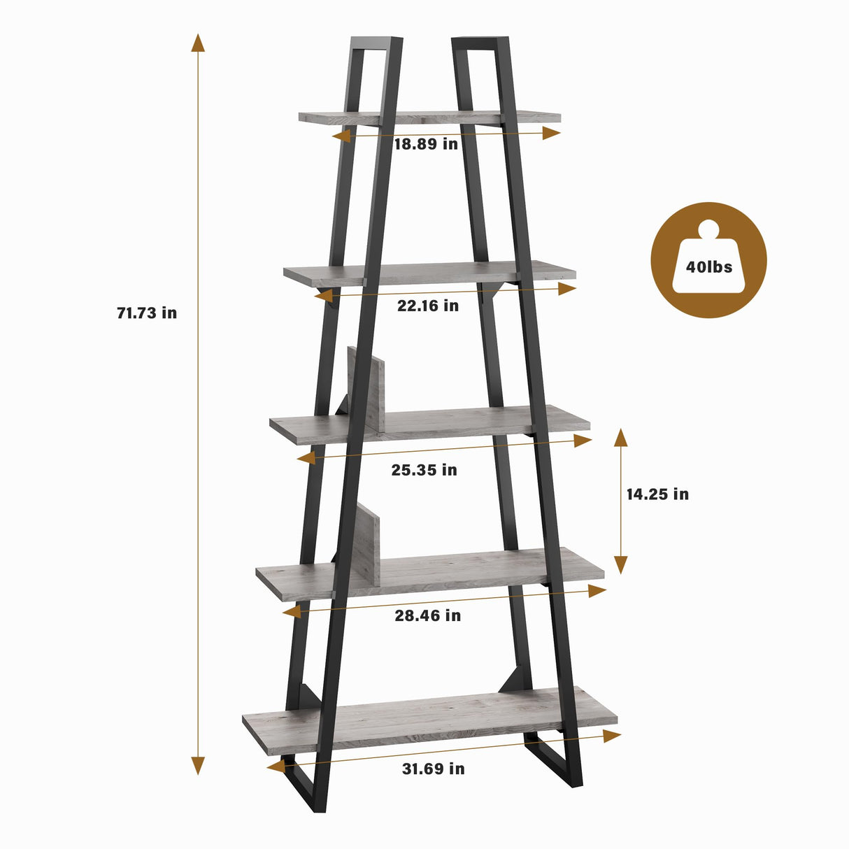 IDEALHOUSE 72" Book Shelf with Metal Frame, A-Shape Ladder Shelf with 5-Tier Wood Adjustable Shelves, Industrial Bookcase with Function Bezel for Home Living Room Bedroom Office Storage, Grey IDEALHOUSE