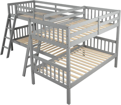 MERITLINE L-Shaped Quad Bunk Bed, Four Bunk Bed Twin Over Twin with Angle Ladder,Wooden Corner 4 Bed Bunk Bed for Kids, Teens, Adults, No Box Spring Needed (Twin, Grey)