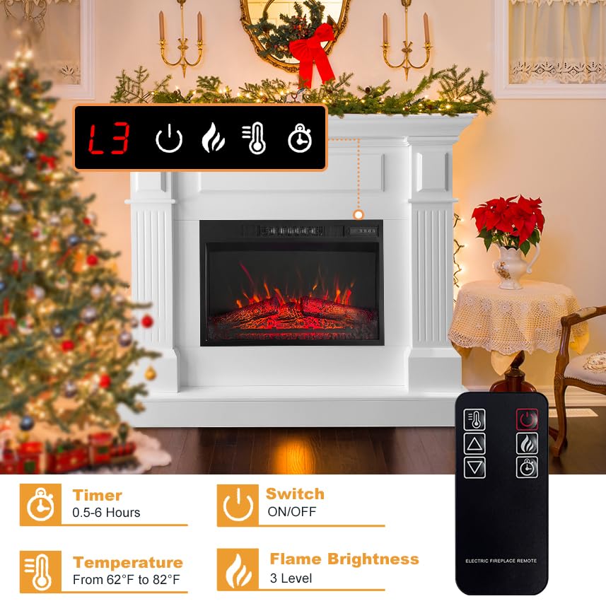 43 Inch White Electric Fireplace with Mantel, Stylish Heater for Your Living Room or Bedroom, Includes Remote Control and LED Flame Effects