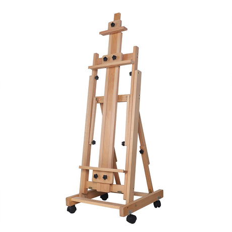 TdiriNar Multi-Function Studio Easel, Professional Large Studio Artist H-Frame Wood Painting Art Easel Standing, Movable Heavy Duty Flooring Adjustable Solid Wooden Beech Easel with 4 Wheels TdiriNar