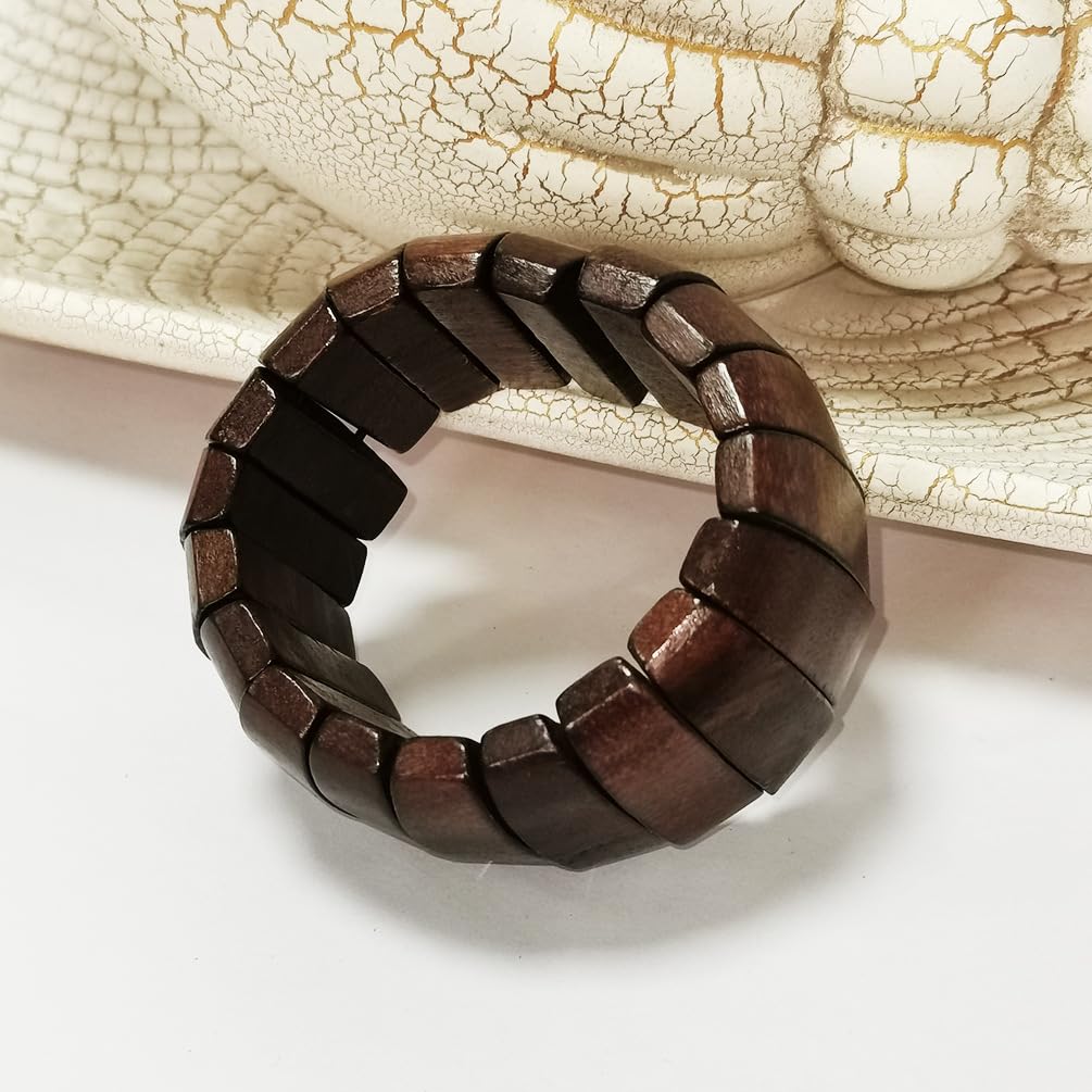 Multi-Colored Wooden Beads Stretch Bracelet Wide Chunky Bangle Bohemian Jewelry Wood Elastic Wristband for Women-Brown Caiyao