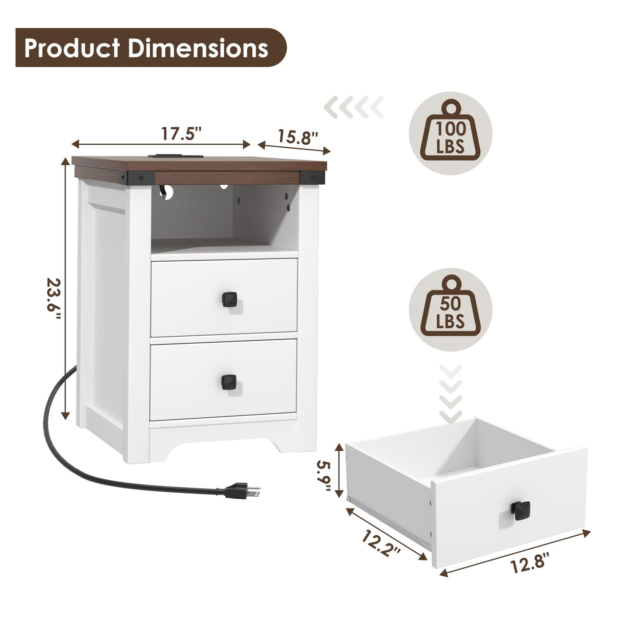 Airynee Nightstand with Charging Station, Farmhouse Nightstand with LED Lights, Modern Rustic Side Table with 2 Storage Drawers, Wooden End Table for Bedroom, Antique White Airynee