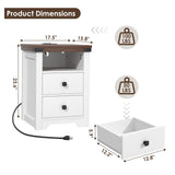 Airynee Nightstand with Charging Station, Farmhouse Nightstand with LED Lights, Modern Rustic Side Table with 2 Storage Drawers, Wooden End Table for Bedroom, Antique White Airynee