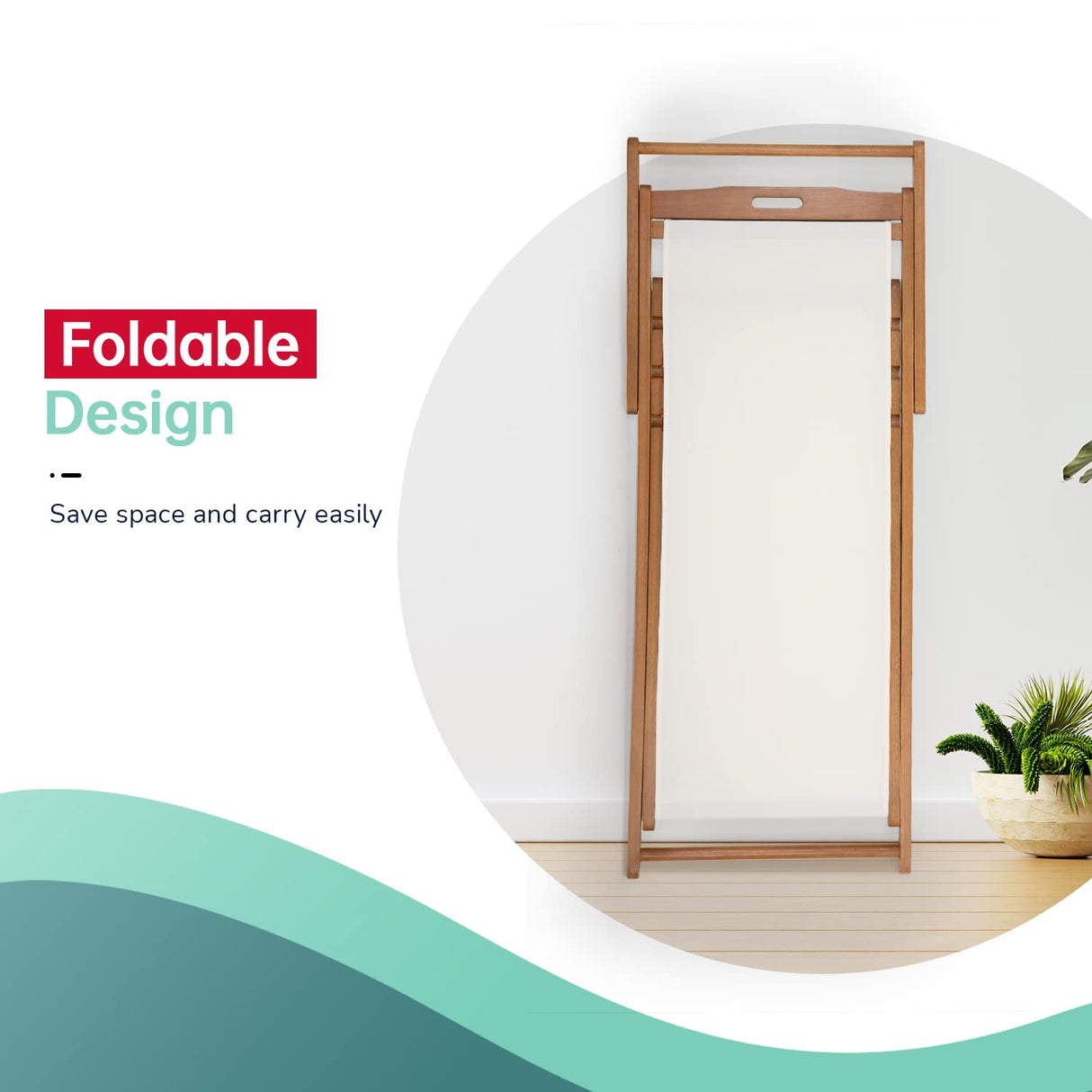 FDW Beach Sling Patio Chair for Relaxing, Foldable with Adjustable Height made from Eucalyptus Wood with White Polyester (White, Brown) FDW