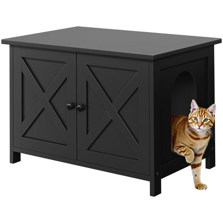 Shintenchi Cat Littler Box Enclosure, Litter Box Furniture Hidden with Removable Divider, Cat House with End Table, Black Shintenchi