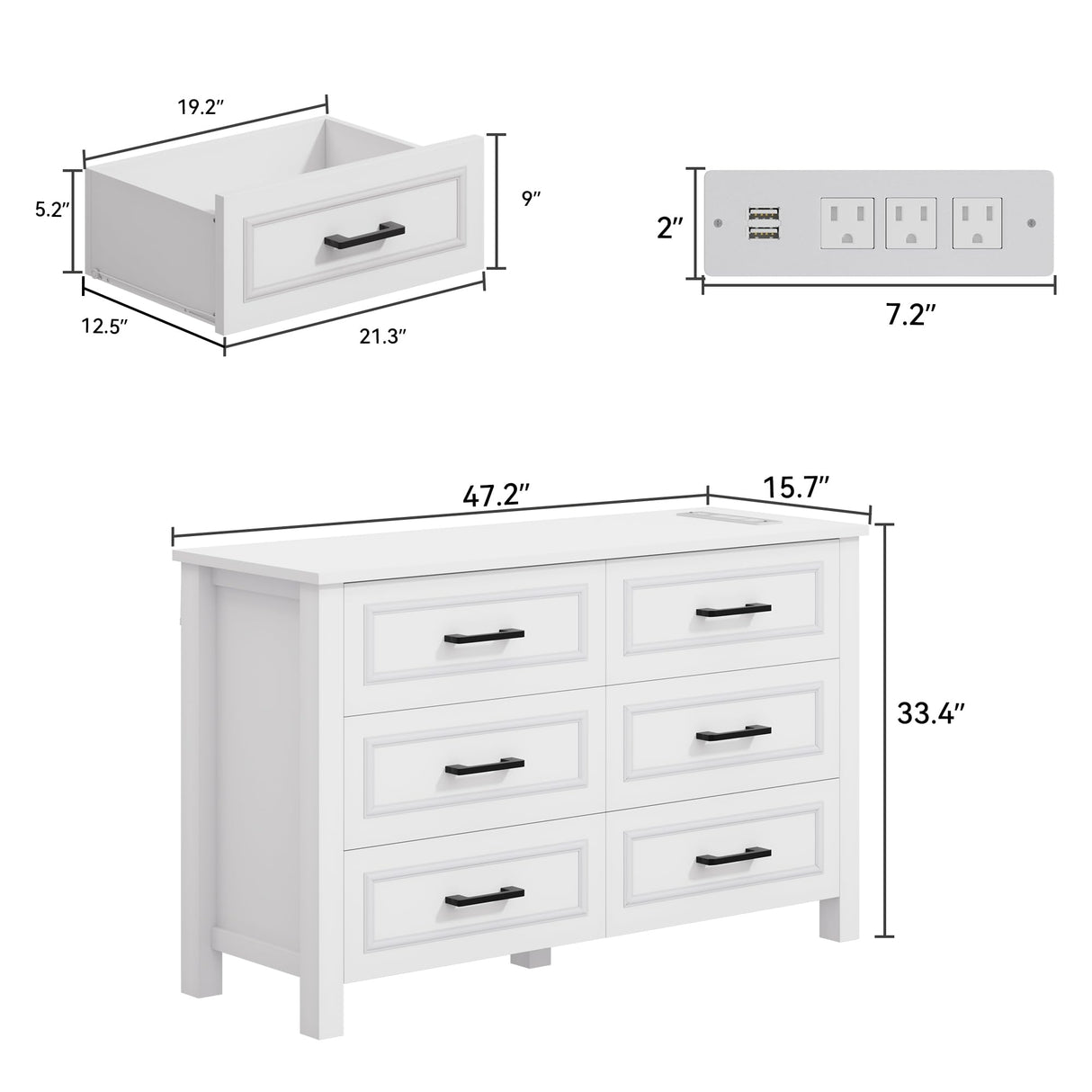 DWVO Farmhouse Wooden Dresser TV Stand with Power Outlet, 6-Drawer Dresser with Large Storage Drawers and Bar Handles, Ideal for Bedroom, Living Room, Hallway, 47.2" x 15.7" x 33.4" - White DWVO