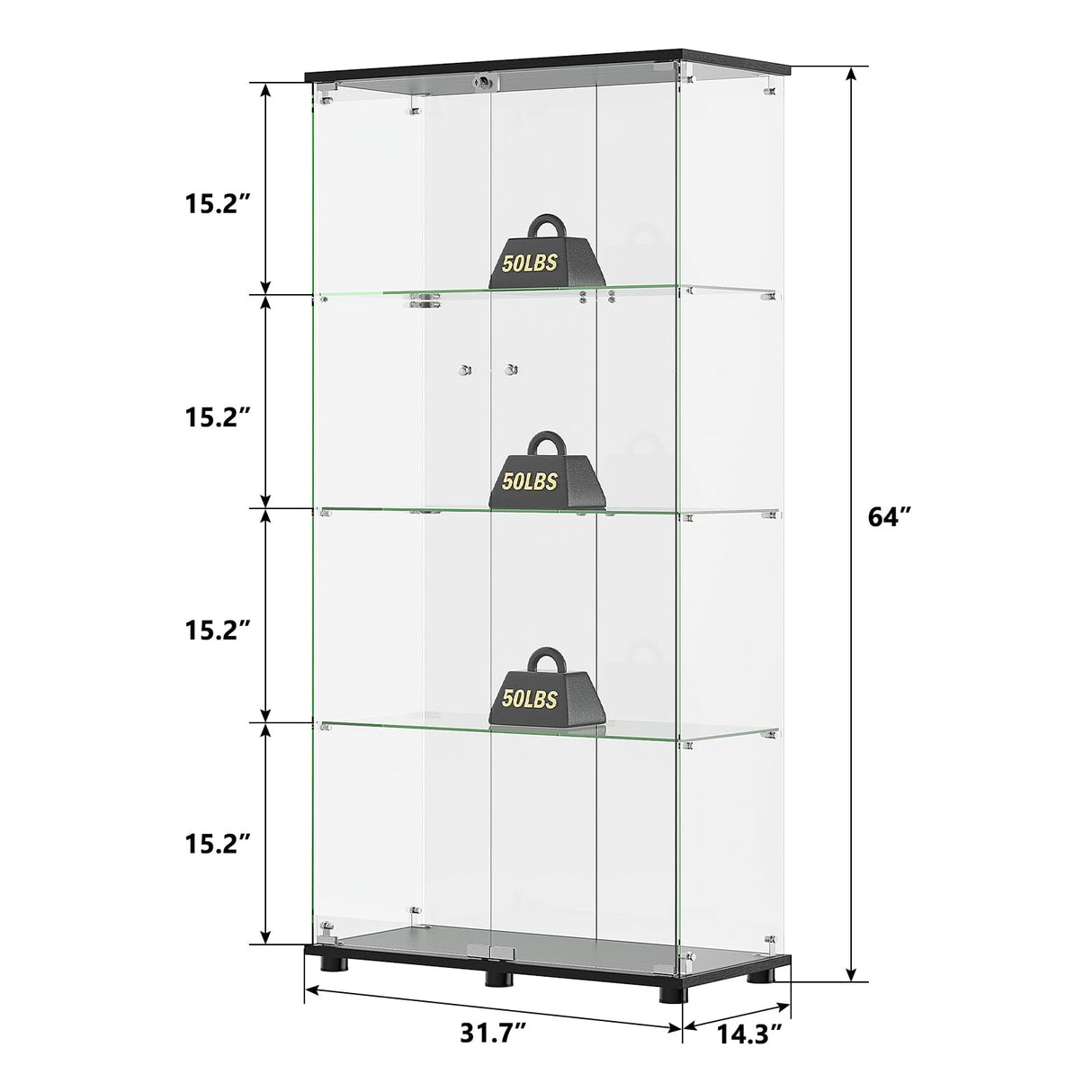 ROOMTEC Glass Display Cabinet with 4 Shelves, Double Doors, Floor Standing Display Cage, for Living Room Bedroom Office, 64 x 31.7 x 14.3 in, Black ROOMTEC