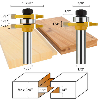 Helovmine Tongue and Groove Router Bit Tool Set 3 Teeth Adjustable T Shape Wood Milling 1/2 Inch Shank with 45°Lock Miter Bit 1/2 Inch Shank for Router Table /Base Router/Kitchen/Bathroom - P - WoodArtSupply