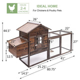Wooden Chicken Coop, 80IN Outdoor Chicken Cages and Run with Nesting Boxes for 2-4 Chickens, Hen Run Poultry Pet House Rabbit Hutch with Waterproof Roof & Removable Tray for Backyard Poultry (ONE) TANGJEAMER