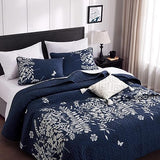 Wake In Cloud - Floral Quilt Set, Botanical Elegant Flower Tree Leaf Modern Pattern Printed, Reversible Lightweight Bedspread Coverlet, 3 Pieces, Navy Blue Gray, Queen/Full Size Wake In Cloud