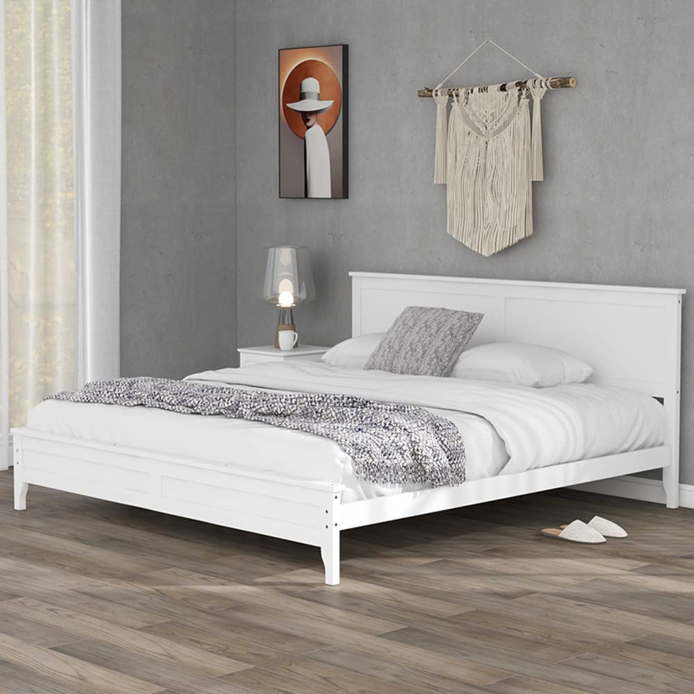 i-POOK King Size Solid Wood Platform Bed Frame with Headboard in White - No Box Spring Needed - WoodArtSupply