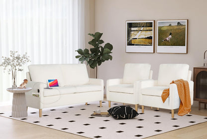 TYBOATLE Modern Living Room Sectional Sofa Sets 3 Pieces, Loveseat Couch w/ 2 USB Charging Ports and 2 Comfy Accent Arm Chairs for Small Space, Apartment, Office, Studio (Cream White)