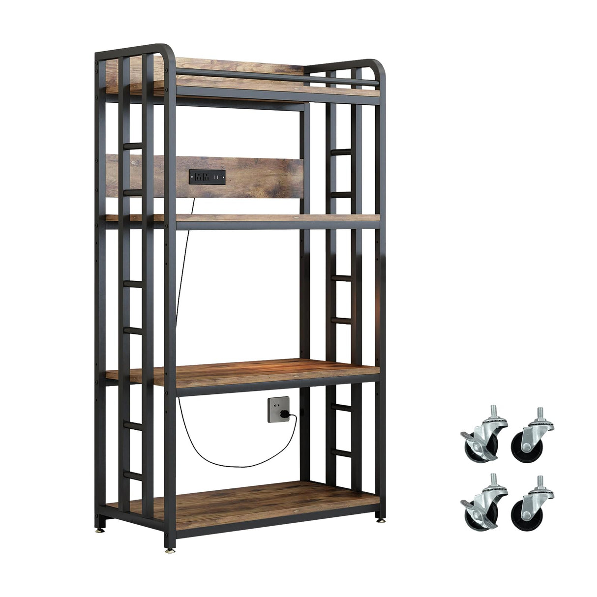 METYERRY Adjustable 4-Tier Heavy Duty Kitchen Baker's Rack with Power Outlet, with Industrial Wheels, Free Standing Microwave Oven Cart Stand for Storage in Living Room, Garage, Rustic Brown METYERRY