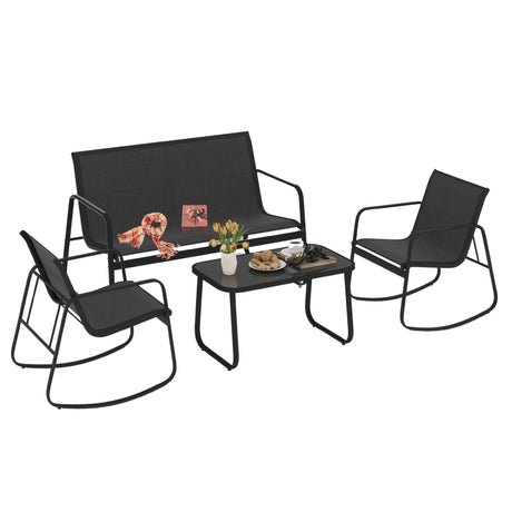 DWVO 4-Piece Patio Furniture Set, Textilene Conversation Set with 2 Rocking Chairs and Tempered Glass Coffee Table, Perfect for Indoor Patio Lawn Garden Poolside, Black DWVO