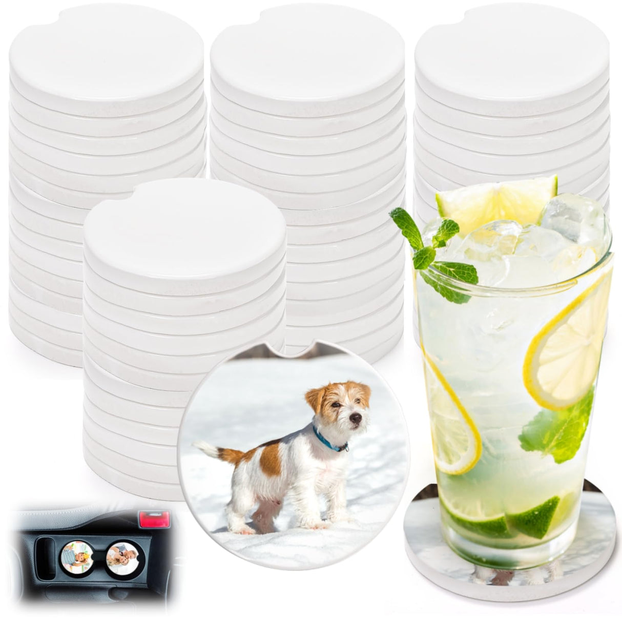 Eorbow 24 Packs Ceramic Sublimation Car Coasters, Car Blanks Cupholders with Finger Notch for Easy Removal, Absorbent Auto Cup Holders Keep Vehicle Free from Cold Drink Sweat Stain Spill Eorbow