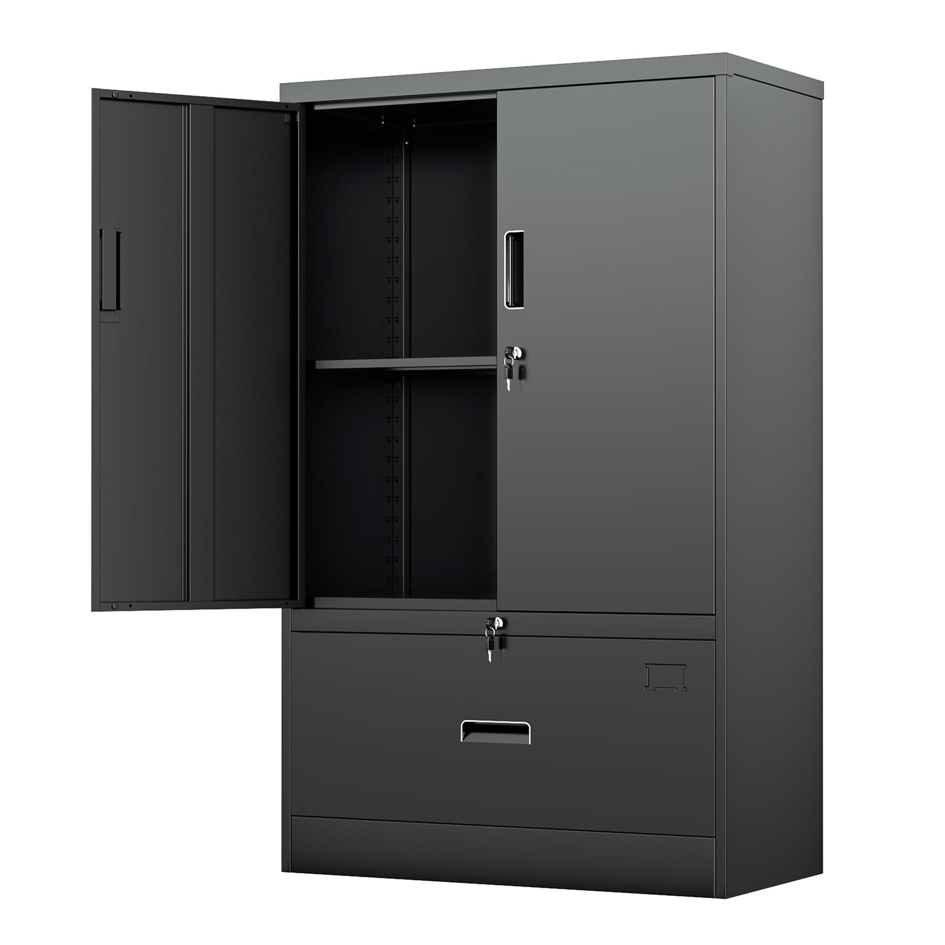 Greenvelly Metal Storage Cabinet with Drawer, 51” Black Metal File Cabinet with Doors and Shelves, Steel Lateral File Cabinet for Home Office Hanging Files Letter/Legal/F4/A4 Size - WoodArtSupply