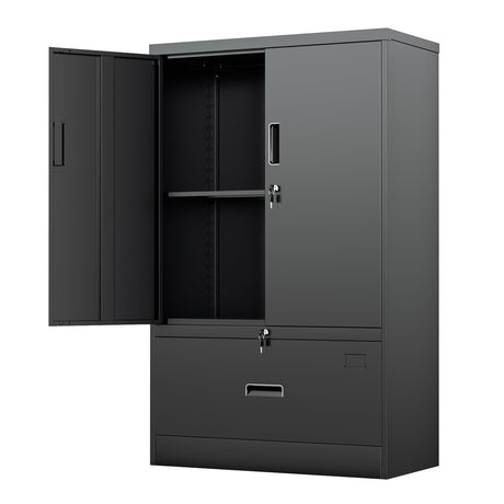 Greenvelly Metal Storage Cabinet with Drawer, 51” Black Metal File Cabinet with Doors and Shelves, Steel Lateral File Cabinet for Home Office Hanging Files Letter/Legal/F4/A4 Size Greenvelly