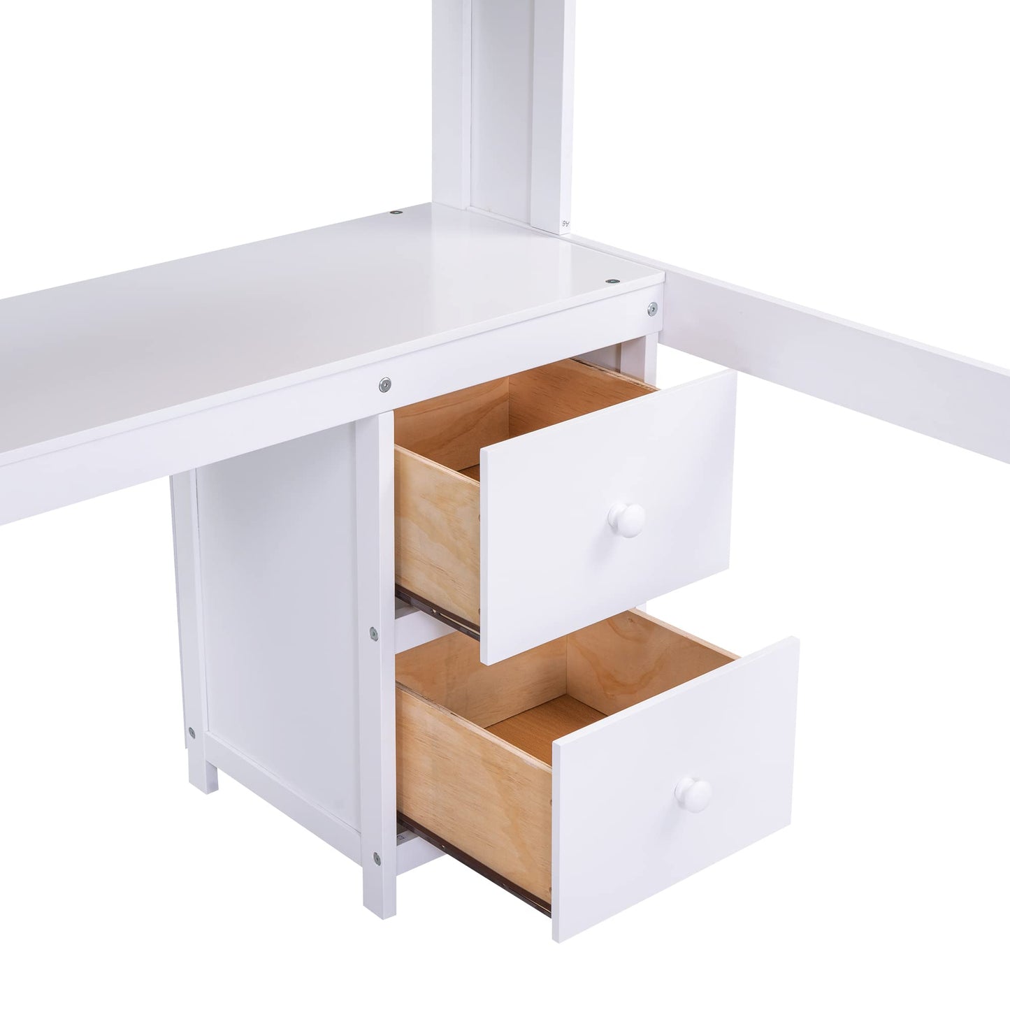 Full Size White Loft Bed with Desk, Drawers, Shelves, and Charging Station - WoodArtSupply