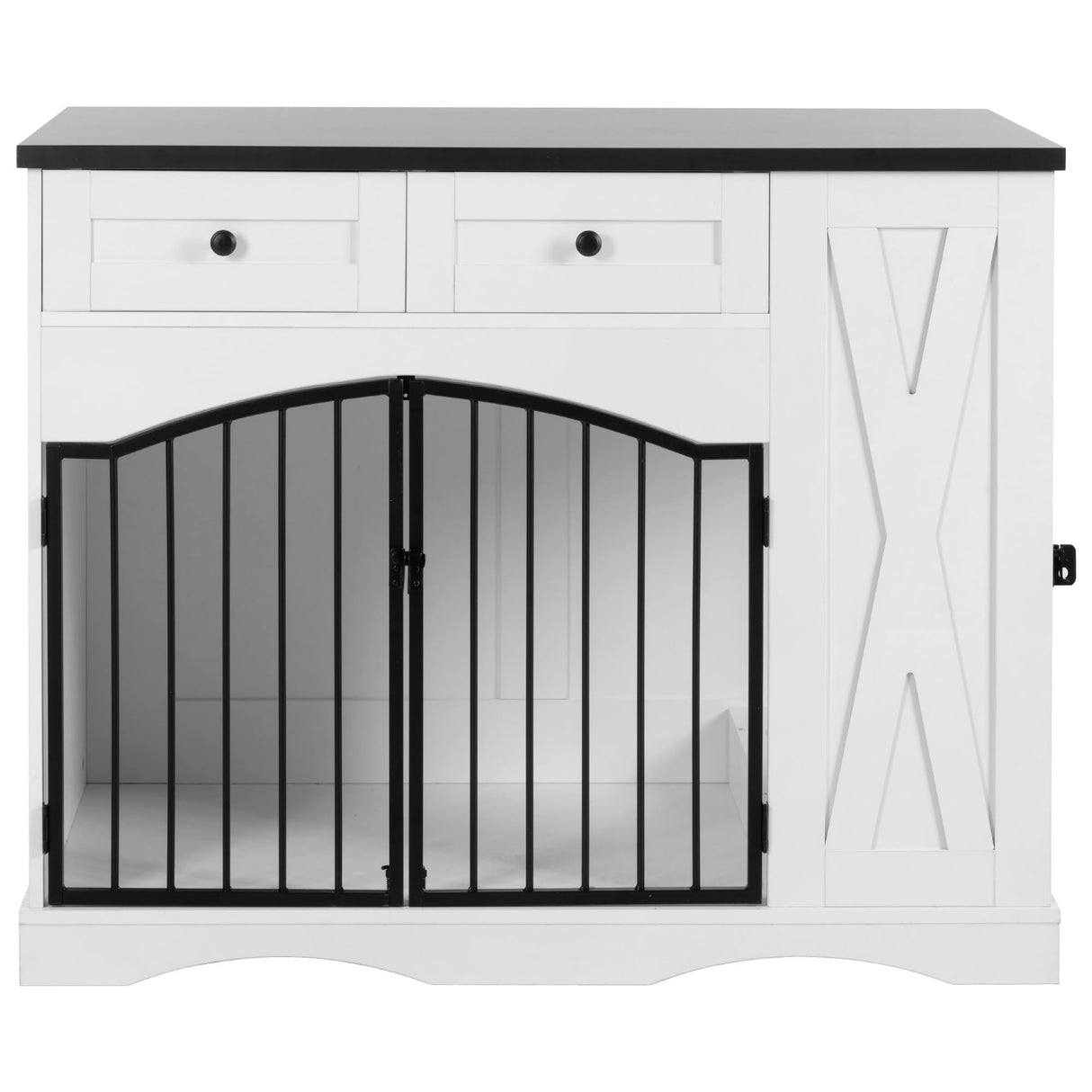43.3" Farmhouse Dog Crate Furniture - Heavy Duty Indoor Wooden Kennel with 3 Drawers, Removable Feeder & End Table Design for Medium/Large Dogs (Black&White) MoBtovs