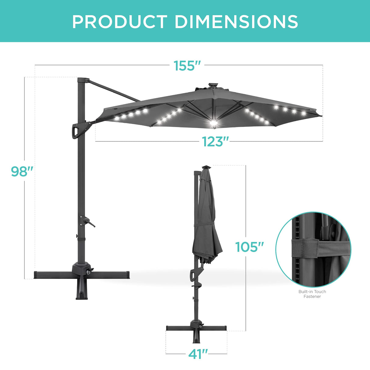 Best Choice Products 10ft Solar LED Cantilever Patio Umbrella, 360-Degree Rotation Hanging Offset Market Outdoor Sun Shade for Backyard, Deck, Poolside w/Lights, Easy Tilt, Cross Base - Gray Best Choice Products