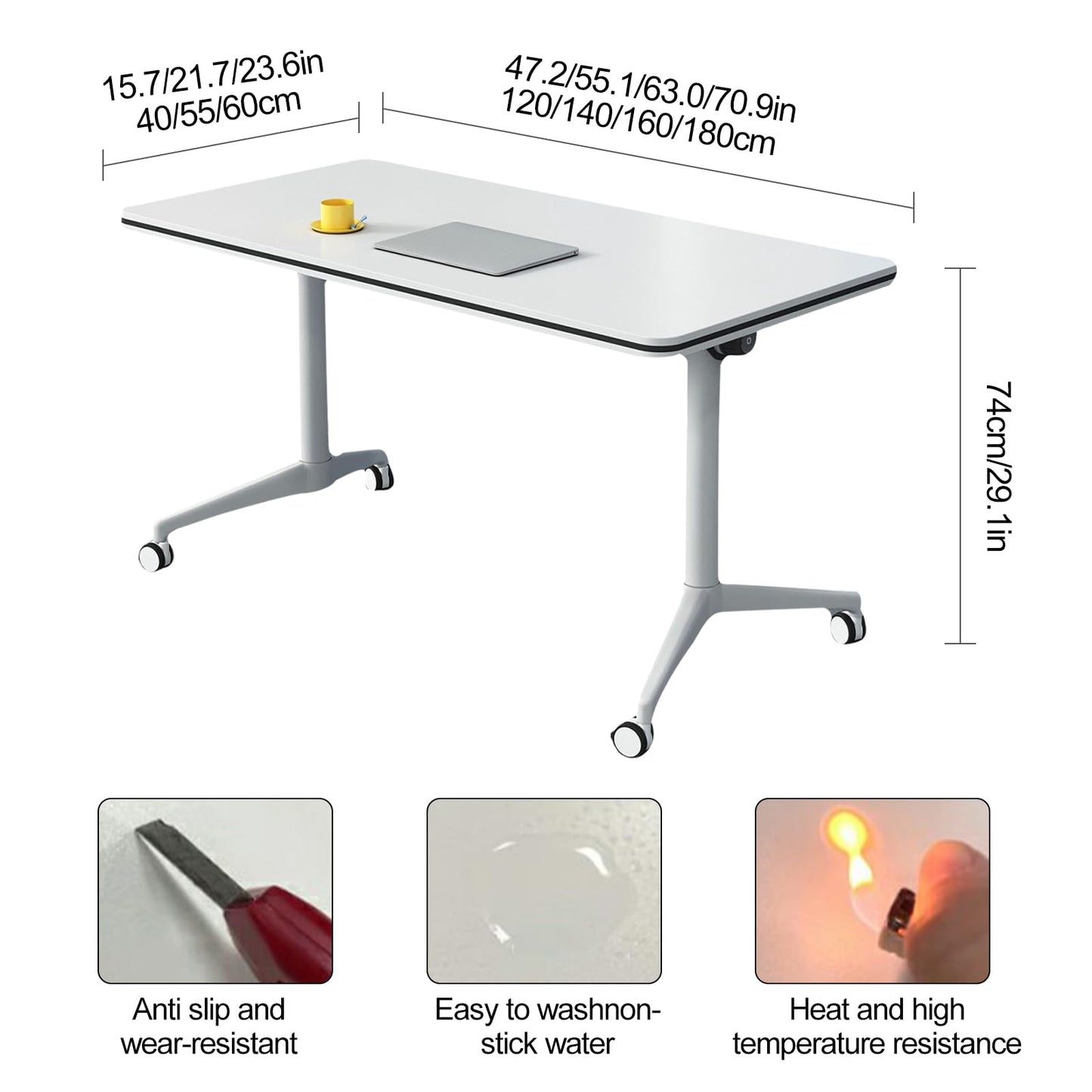 Folding Conference Table 2-10 People,Mobile Conference Room Table Rolling Meeting Table with Caster Wheels，Modern Executive Desk、Podcast Table、Extra Wide Desk、Flip Top Table (4, White, 140cm) - WoodArtSupply