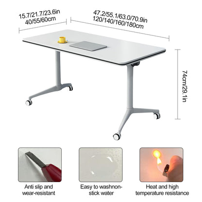 Folding Conference Table 2-10 People,Mobile Conference Room Table Rolling Meeting Table with Caster Wheels，Modern Executive Desk、Podcast Table、Extra Wide Desk、Flip Top Table (4, White, 140cm) - WoodArtSupply