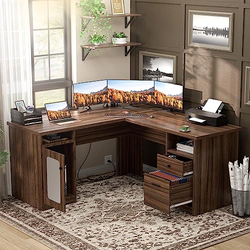 Unikito L Shaped Desk with File Cabinet, 60 Inch Large Office Desk with Power Outlets and USB Charging Ports, L Shape Computer Desk with Drawer, 2 Person Corner Executive Desk with Storage, R - WoodArtSupply