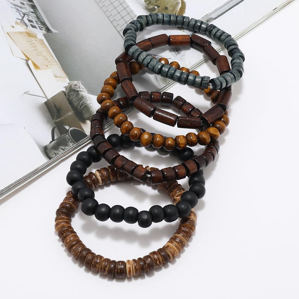 JAVMOO Wooden Beads Bracelet for Men Leather Wrap Hemp Cords Wood Beads Ethnic Tribal Bracelets Wooden Wristbands JAVMOO
