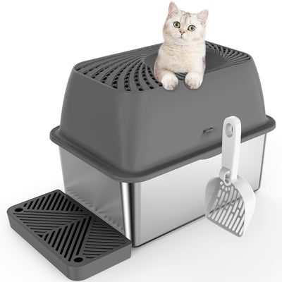8" Deep Stainless Steel Litter Box with Lid, Top Entry Cat Litter Box for Dog-Proof, Enclosed Cat Litter Pan with Footboard, Odor Control, Anti-Leakage, Non-Sticky, Easy Cleaning (Charcoal Gray)