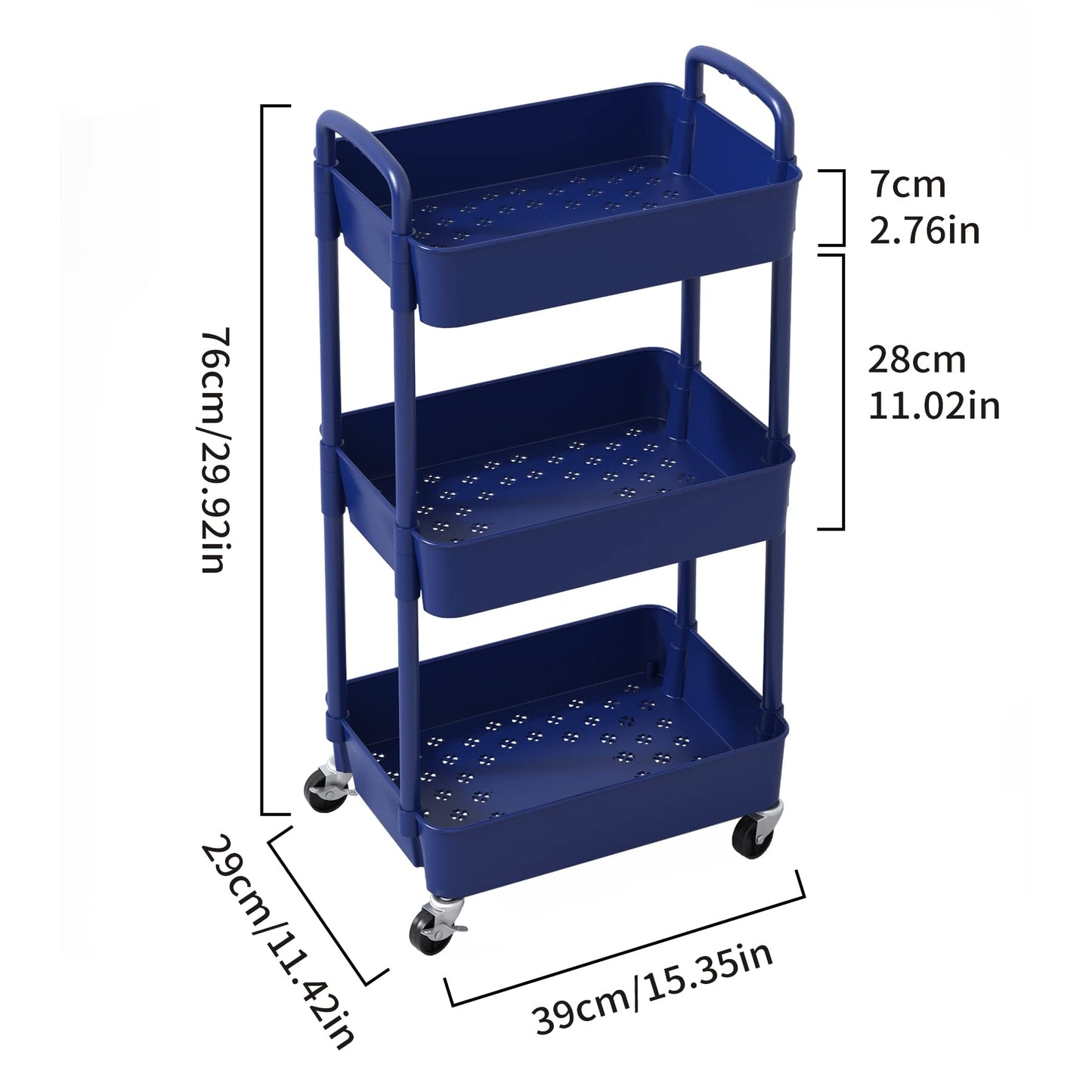 Sywhitta 3-Tier Plastic Rolling Utility Cart with Handle, Multi-Functional Storage Trolley for Office, Living Room, Kitchen, Movable Storage Organizer with Wheels, Blue - WoodArtSupply