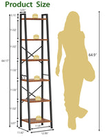 Furologee 6 Tier Ladder Shelf,Tall Bookshelf with 2 Hooks,Industrial Bookcase Standing Shelf Unts,Corner Storage Organizer for Living Room,Bedroom,Home Office,Bathroom,Rustic Brown Furologee