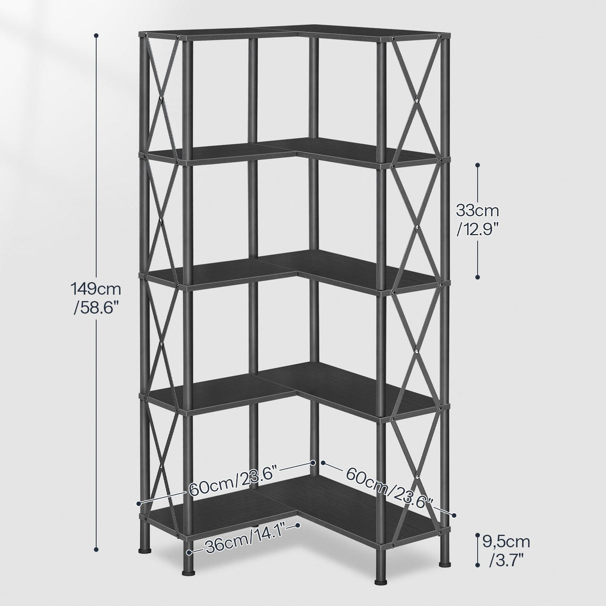 HOOBRO Corner Bookshelf, 5-Tier L-Shaped Bookcase, Industrial Open Display Shelf Tall Storage Organizer, Vertical Storage Rack, for Living Room, Home Office, Black BB60SJ01 HOOBRO